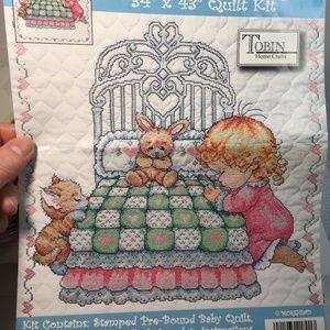 Tobin BABY QUILT Cross Stitch Kit 34x43” T21701 praying girl kitten rabbit NOS